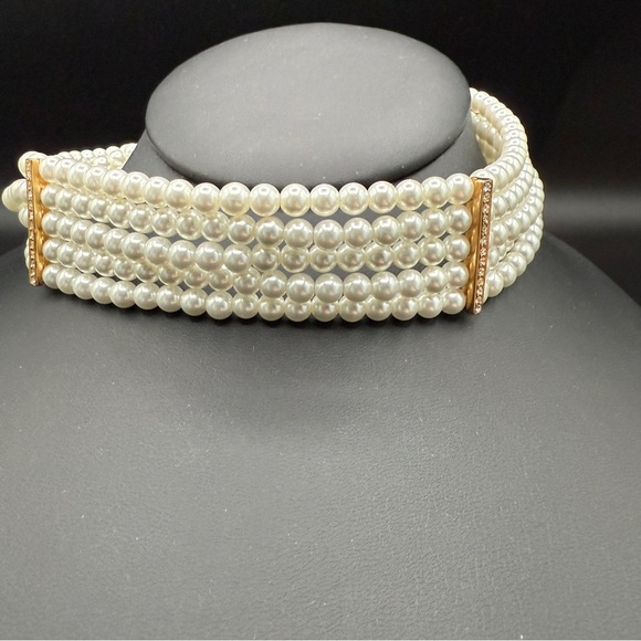 Multi-Strand Faux Pearl Choker with Rhinestone Accents - Wedding Necklace - Picture 8 of 15